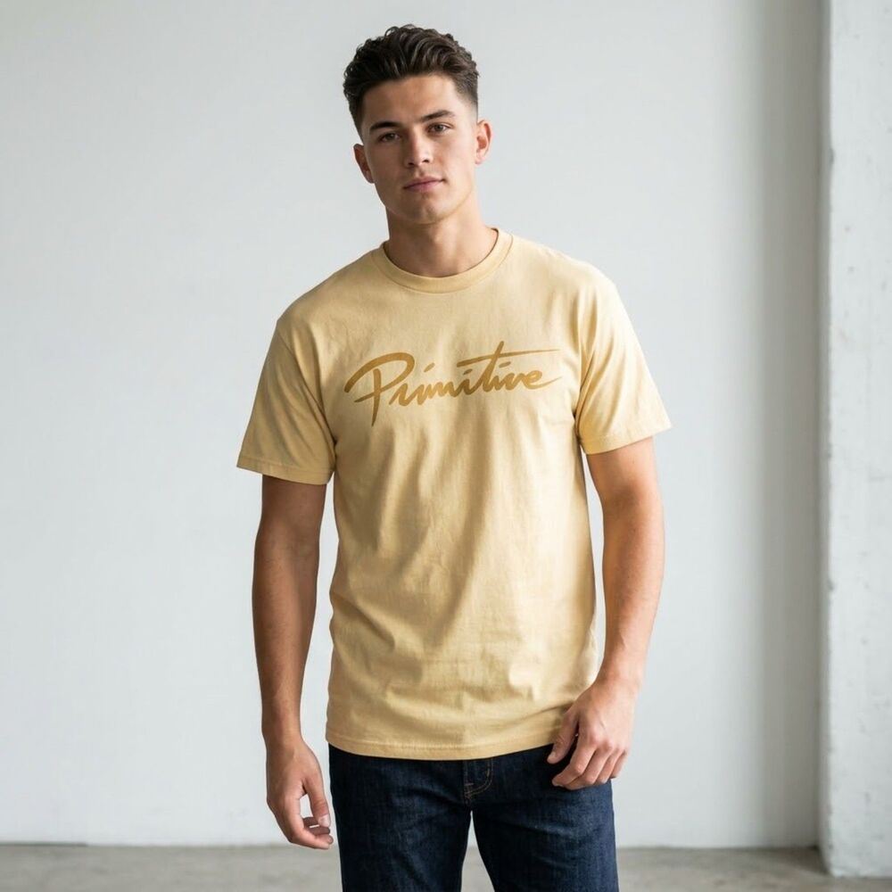 Primitive Tan Yellow Men's Large T-Shirt Short Sleeves 100% Cotton Spell Out